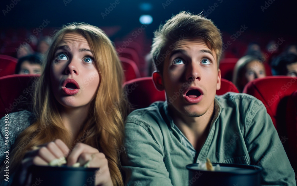 Two teenager with astonished and surprised look watch a movie in the cinema