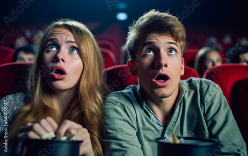 Two teenager with astonished and surprised look watch a movie in the cinema