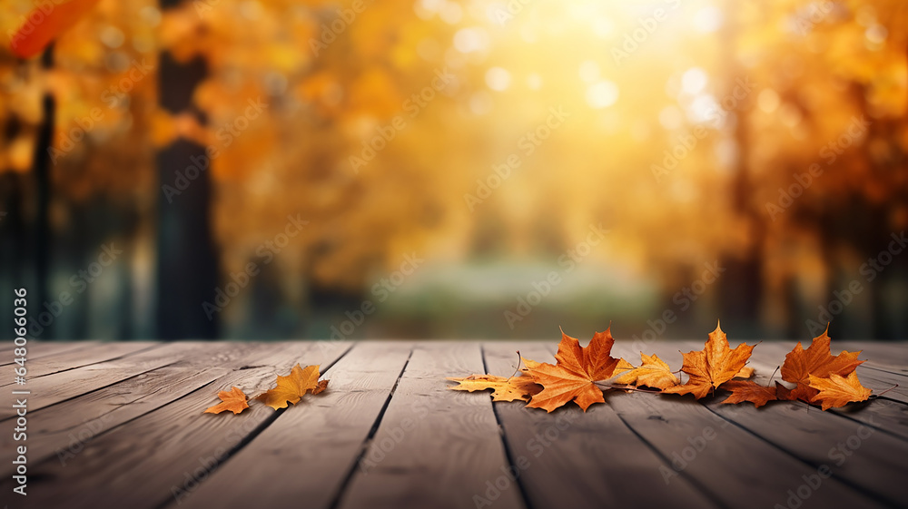 Empty plank of blurred autumn garden with beautiful natural autumn background.