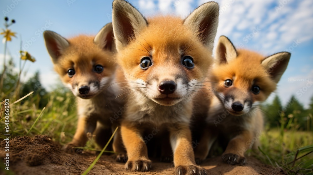 a group of three little foxes standing on top of a dirt field.  generative ai