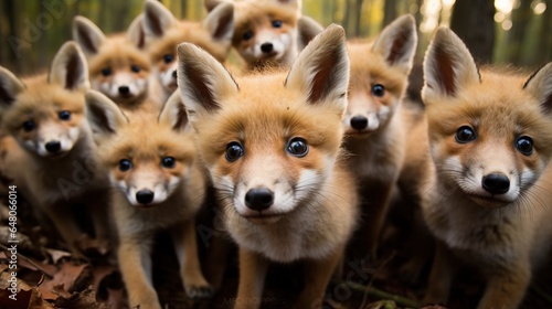  a group of foxes standing next to each other in a forest.  generative ai © Anna