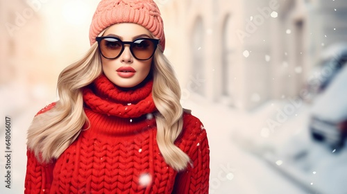 Winter, christmas, fashion and people concept - beautiful young woman in winter clothes over snowy background. Beauty, fashion. Advertisement concept with wide copy space for text. photo