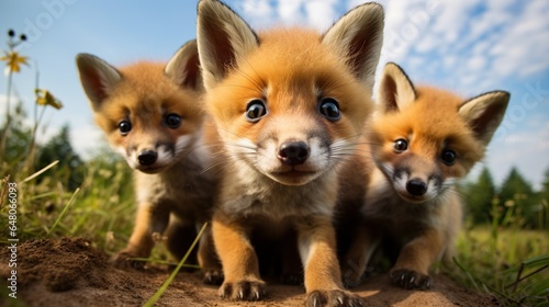  a group of three little foxes standing on top of a dirt field.  generative ai © Anna
