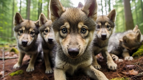  a group of puppies sitting in the woods together  looking at the camera.  generative ai