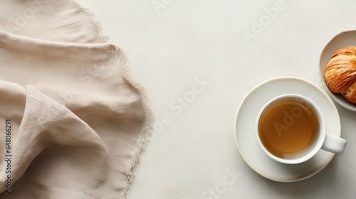  a cup of tea and a croissant on a plate. generative ai