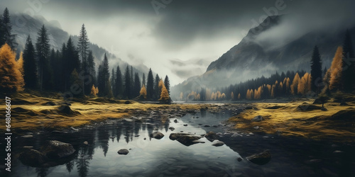 Forest, river, mountains, fog. Autumn landscape. Stones to the water.
