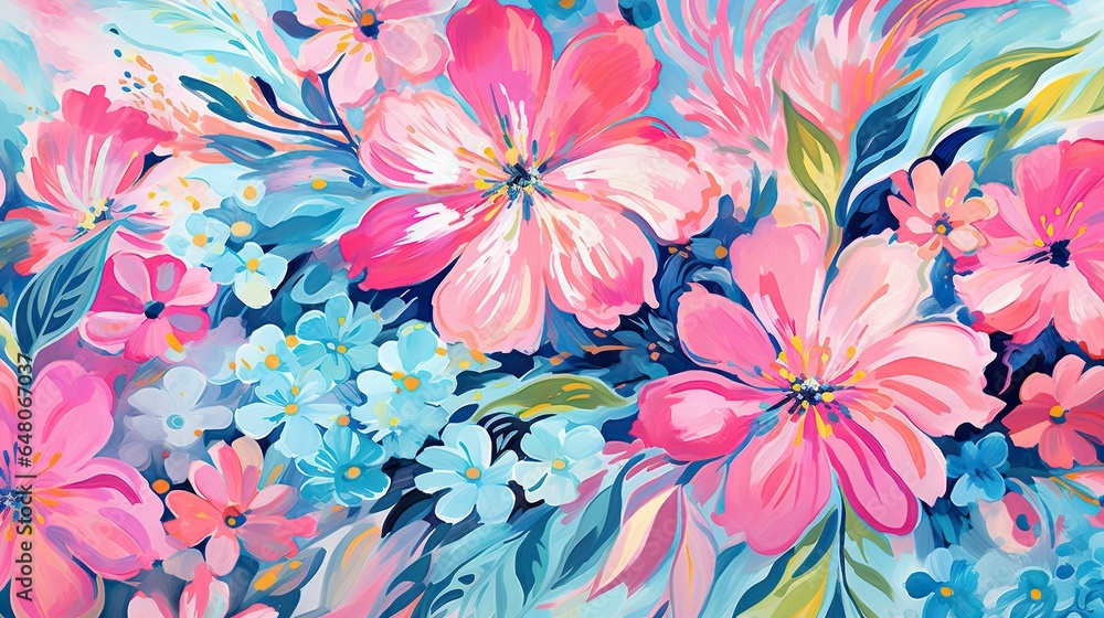  a painting of pink and blue flowers on a blue background.  generative ai - obrazy, fototapety, plakaty 