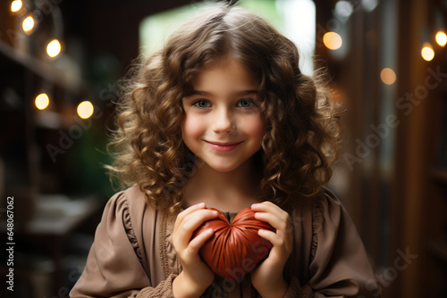 Smiling handsome little girl holding heart shape with hands close-up