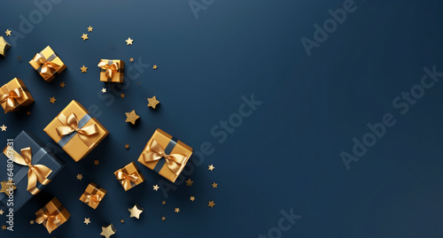 Christmas dark blue festive background with christmas presents, stars, balls and decoration