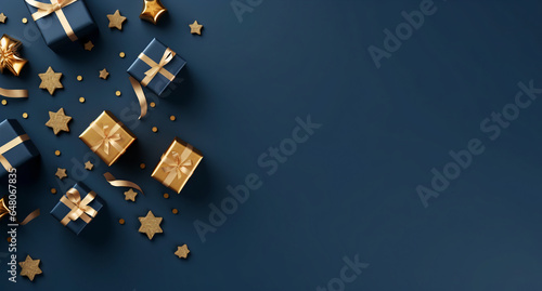 Christmas dark blue festive background with christmas presents, stars, balls and decoration © Michael