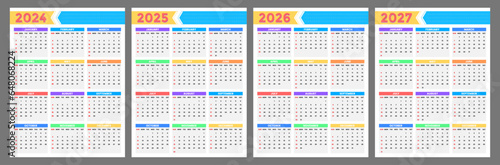 Calendar 2024 2025 2026 2027 years. week starts on sunday vector template