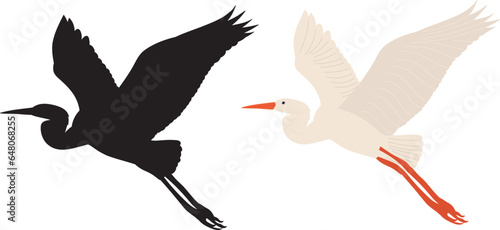 crane, heron flying in flat style with silhouette on white background, vector