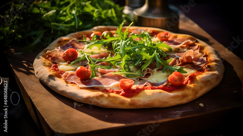 Side view of delicious Italian pizza topped with ham, mozzarella, cheese, tomatoes and arugula on the wooden table