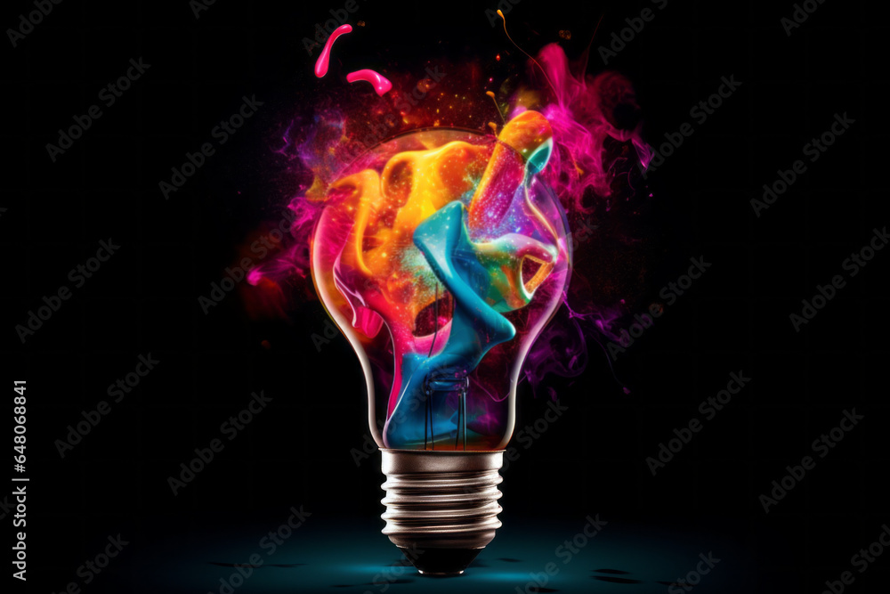 Creative light bulb explodes with colorful paint and splashes on a dark background. Creative light bulb explodes with colorful paint and splashes on a dark background.