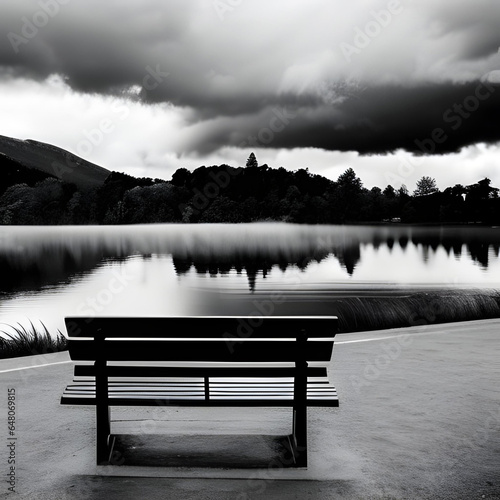 In this black and white photograph, a person sits alone on a desolate park bench. The heavy clouds in the sky mirror the weight that burdens their spirit. © Angela
