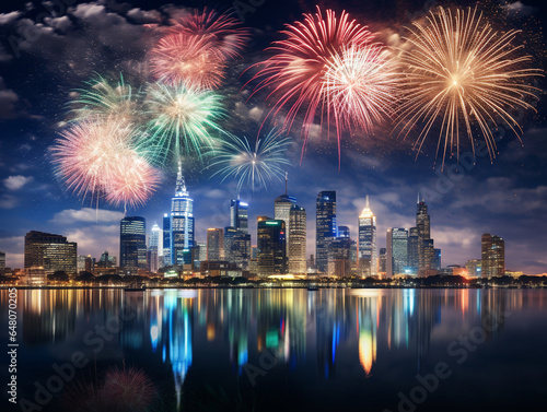 Fireworks lighting up the night sky over an iconic city skyline - generative a.i. © Sheilaaliens