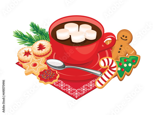 Cup of hot chocolate and christmas gingerbread cookies vector illustration. Christmas cocoa drink with marshmallow, shortbread cookies and candies drawing. Delicious tea cakes biscuits vector