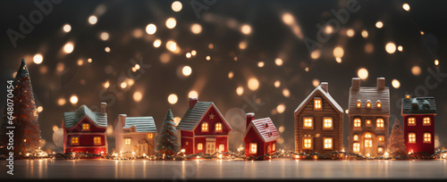 Christmas miniature villiage wonderland with lights festive background, christmas decoration