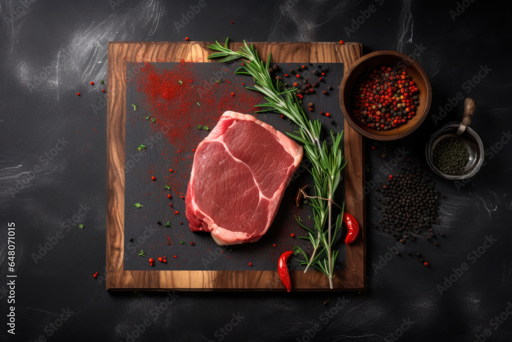 Raw steak with spices on a wooden cutting board on a black slate, stone or concrete background. Top view with copy space. Generative AI