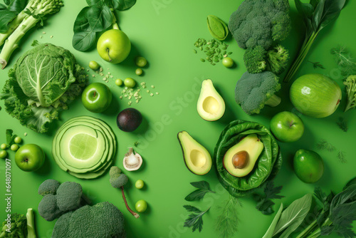Fresh green vegetables and fruits on green background. Top view. Flat lay. Generative AI photo