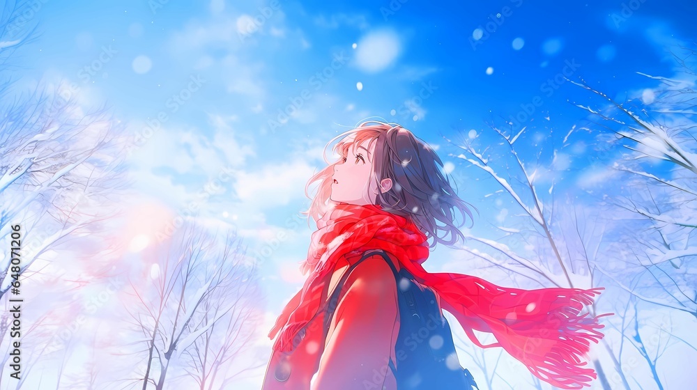 冬と女性のイラスト、雪が降る空を見上げる女子高生 Stock Illustration | Adobe Stock