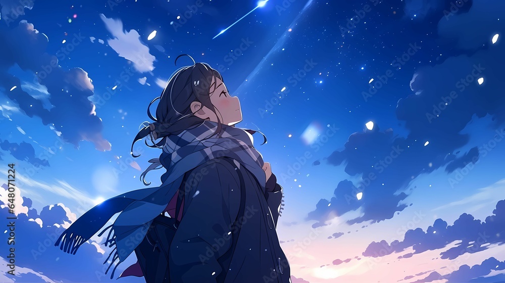 冬と女性のイラスト、雪が降る空を見上げる女子高生