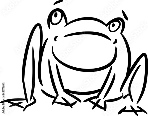 Vector drawing of a scared frog, toad. Hand drawn, contour,silhouette, sketch black and white, doodle, cartoon style. Cute, silly, amphibia, animal, swamp, fright, small, funny, water.