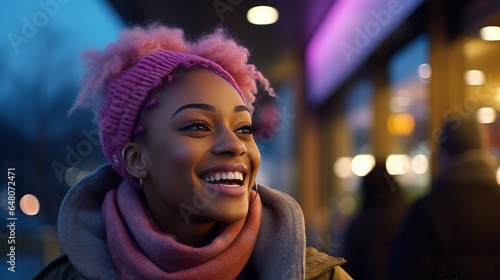 Representation of excellent african american lady grinning and looking absent at stop amid nightfall Open air representation of a grinning dark young lady Cheerful cheerful young lady giggling at stop