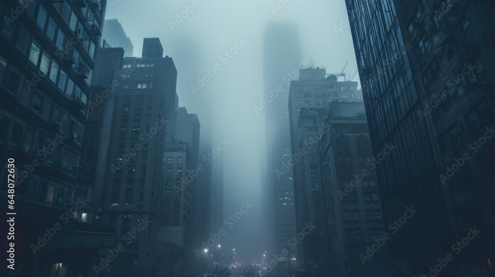 dark and moody city streets with skyscrapers with fog
