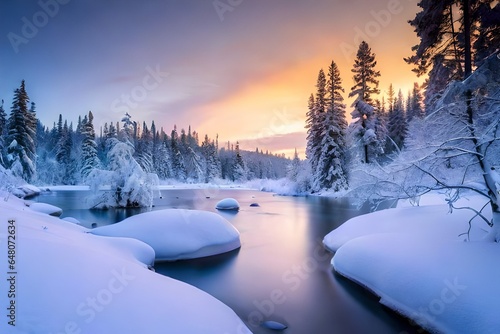 snow covered trees with ice at the bank of the river and lake are falling from both corner and middle of the ice  © Ya Ali Madad 