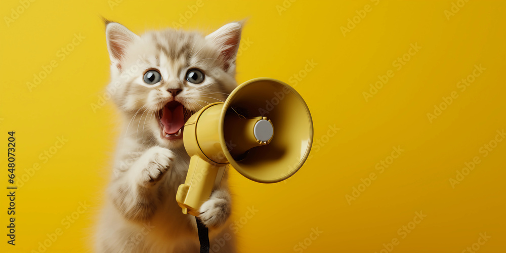 a cute kitten screams into the loudspeaker. News, promotion, music