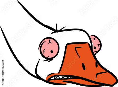 Vector drawing of mad goose head. Hand drawn,Colourful,colour,cartoon style,doodle,black,white,orange. Cute,silly,insane,angry,animal,bird,farm,pet,beak,feather,red eyes,character