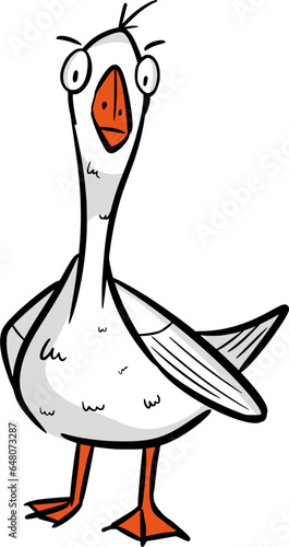 Vector drawing of a goose. Cartoon style, hand drawn, colorful, colur, orange, black and white, grey, doodle. Animal, bird, cute, silly, farm, pet, poultry, nature, character.