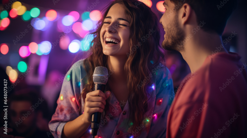 Friends engaged in a pajama party karaoke session, happy joyful people singing with a mic and colorful background Friends engaged in a pajama party karaoke session, happy joyful people singing with a mic and colorful background
