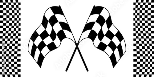 Two black and white racing flags. Crossed racing flags, vector graphics of two checkerboard flags.
