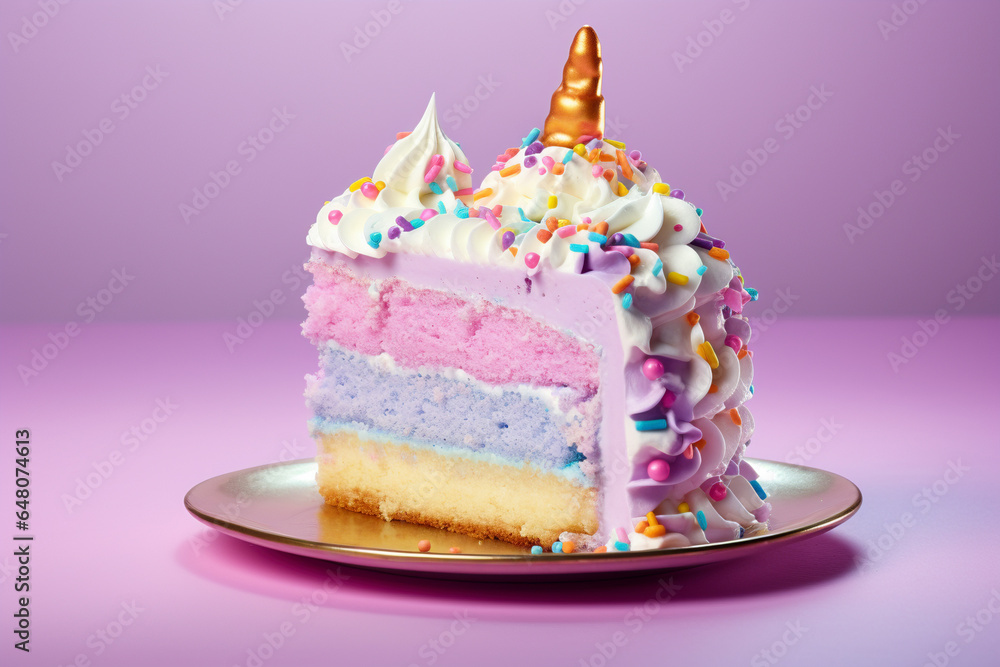 Slice of unicorn cream cake with golden horn on pastel violet colored background Slice of unicorn cream cake with golden horn on pastel violet colored background