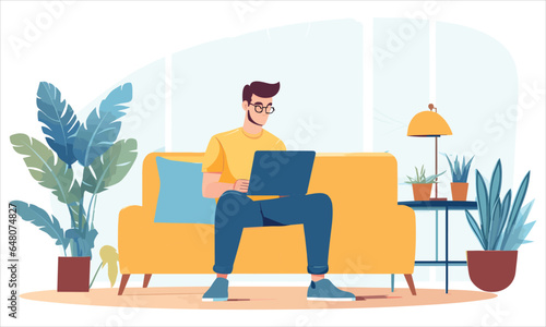 Vector young man working at home 