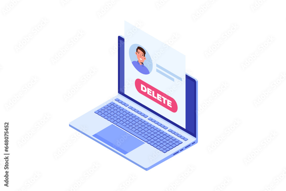 Remove or delete the social account or profile concept. Isometric vector illustrations for banner, website, landing page, flyer. Remove or delete the social account or profile concept. Isometric vector illustrations for banner, website, landing page, flyer.