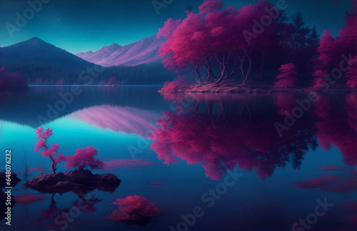 beautiful mystical lake vibrant color landscape with mountains