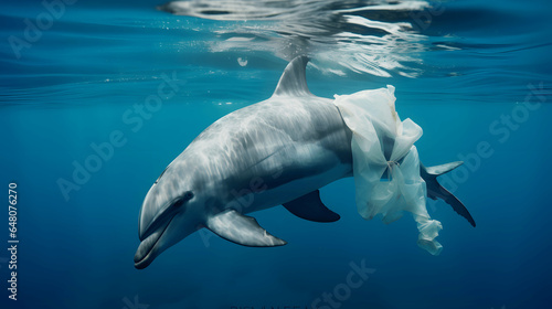 a dolphin swimming in a plastic poluted ocean  photo