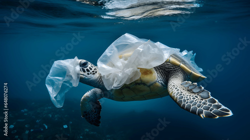 a turtle swimming in a plastic poluted ocean  photo