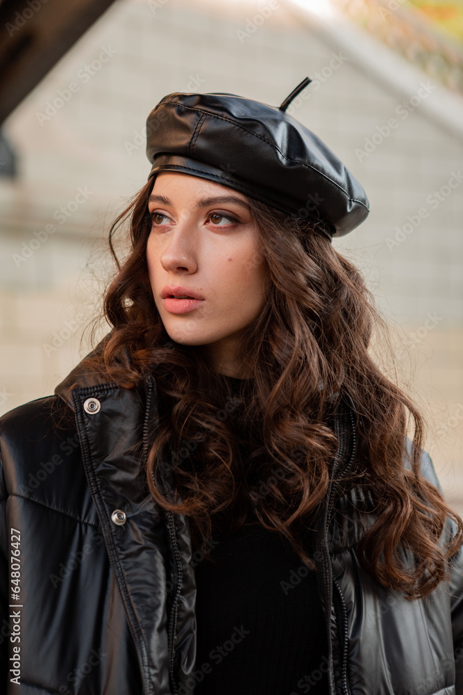 stylish woman in winter autumn fashion trend black puffer coat stylish woman in winter autumn fashion trend black puffer coat
