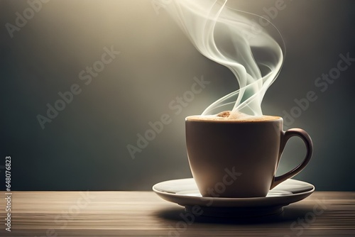 hot cup of coffee with hot steam rising from the cup placed in tray in brown white and other colors 