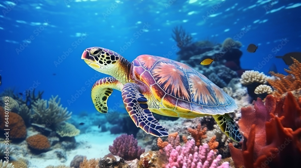 Ruddy ocean jumping huge ocean turtle sitting on colorful coral reef