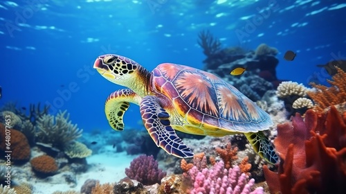 Ruddy ocean jumping huge ocean turtle sitting on colorful coral reef © Elchin Abilov