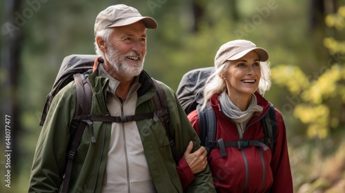 Senior traveler couple voyagers climbing in nature strolling and talking