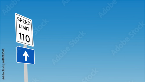 110 kmh Speed Limit  target sign label vector art illustration with blue sky ann white cloud background