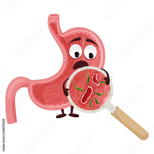 Cartoon stomach character with ulcer and helicobacter pylori infection under magnifying glass