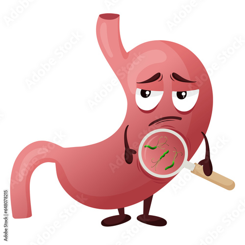 Sad cartoon stomach character with helicobacter pylori infection under magnifying glass