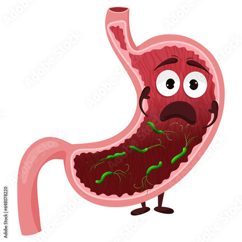 Cartoon stomach character with helicobacter pylori infection